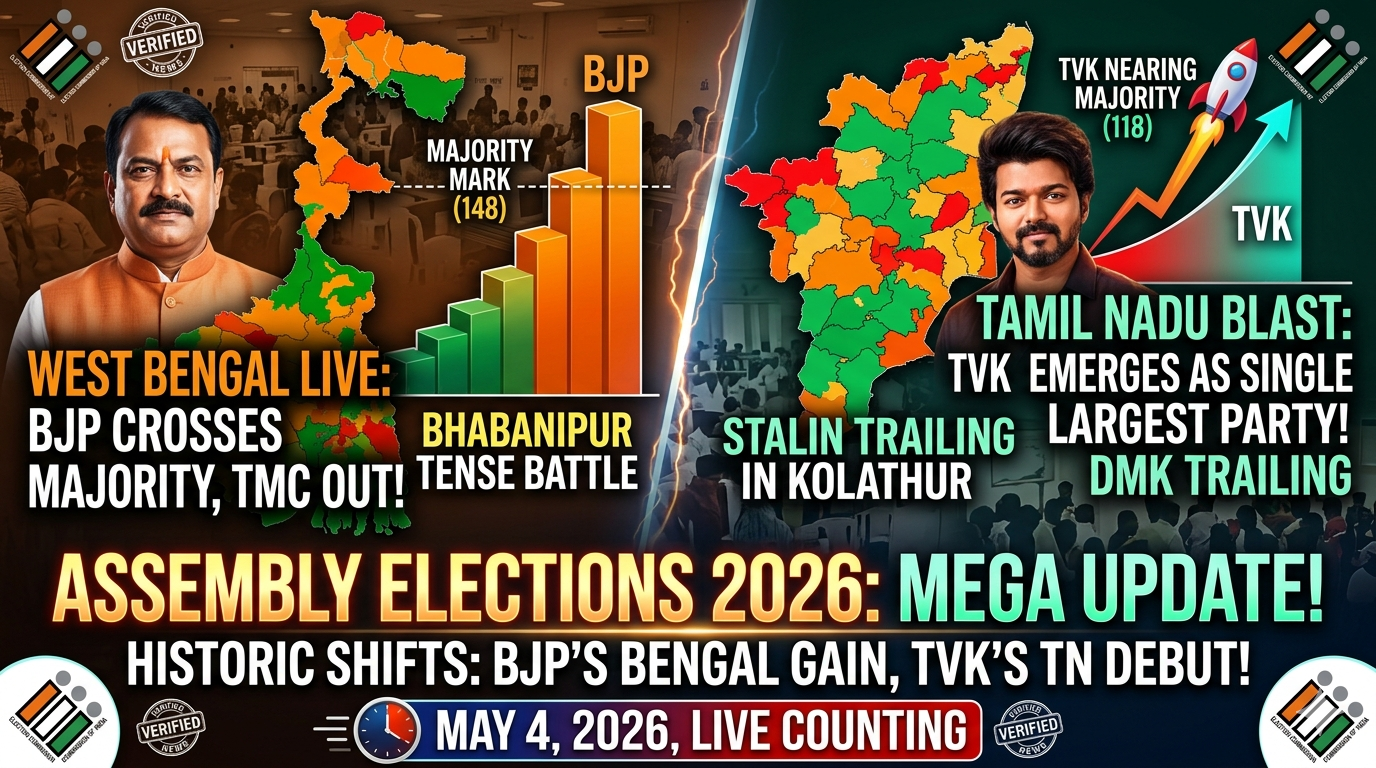 Assembly Election Results 2026 Mega Update: Historic Shifts in West Bengal & Tamil Nadu